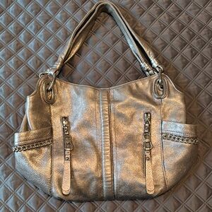 B. Makowsky Silver Shoulder Bag with Slouchy Design and Textured Finish